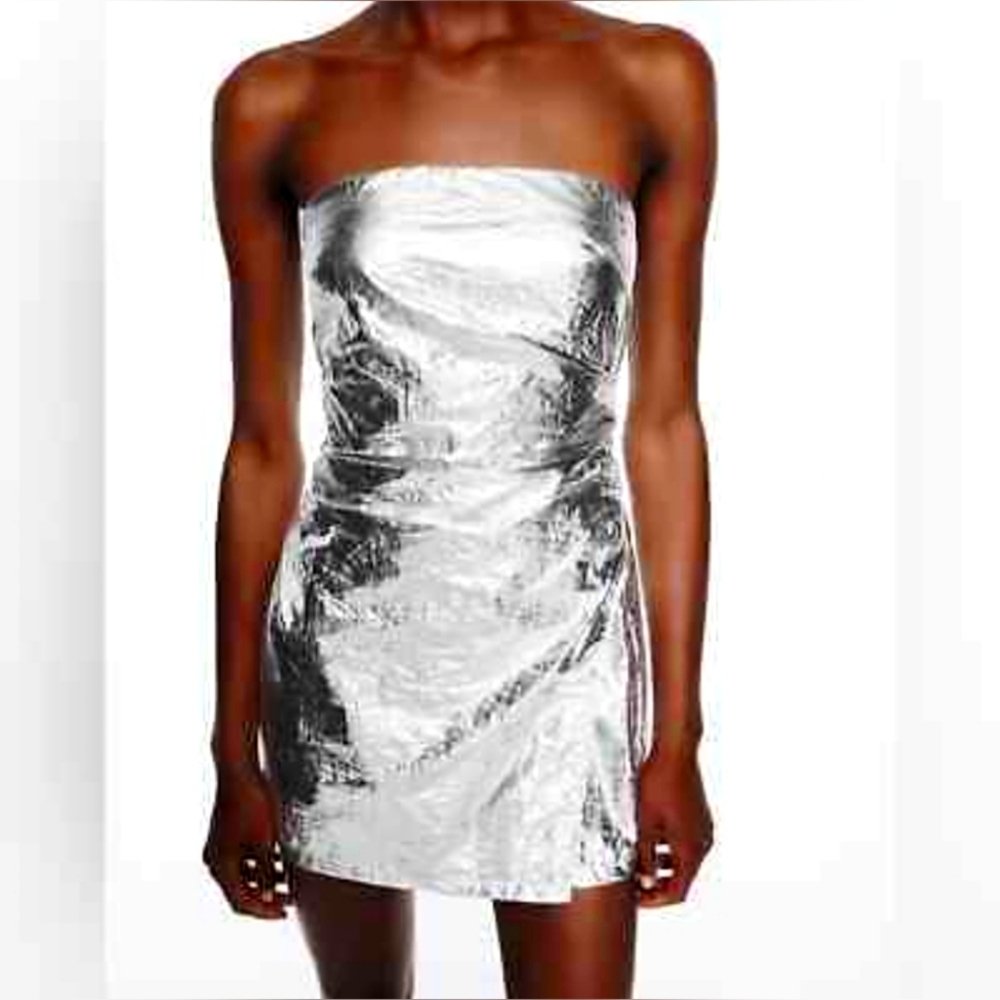 Zara Silver Foil Strapless Romper NWT
